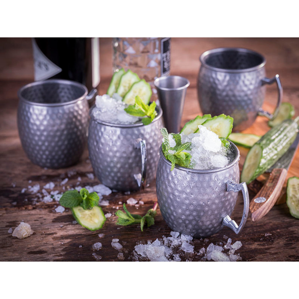 4ER SET COCKTAILBECHER MOSCOW MULE - 500 ml, Edelstahl Antik Gehämmert